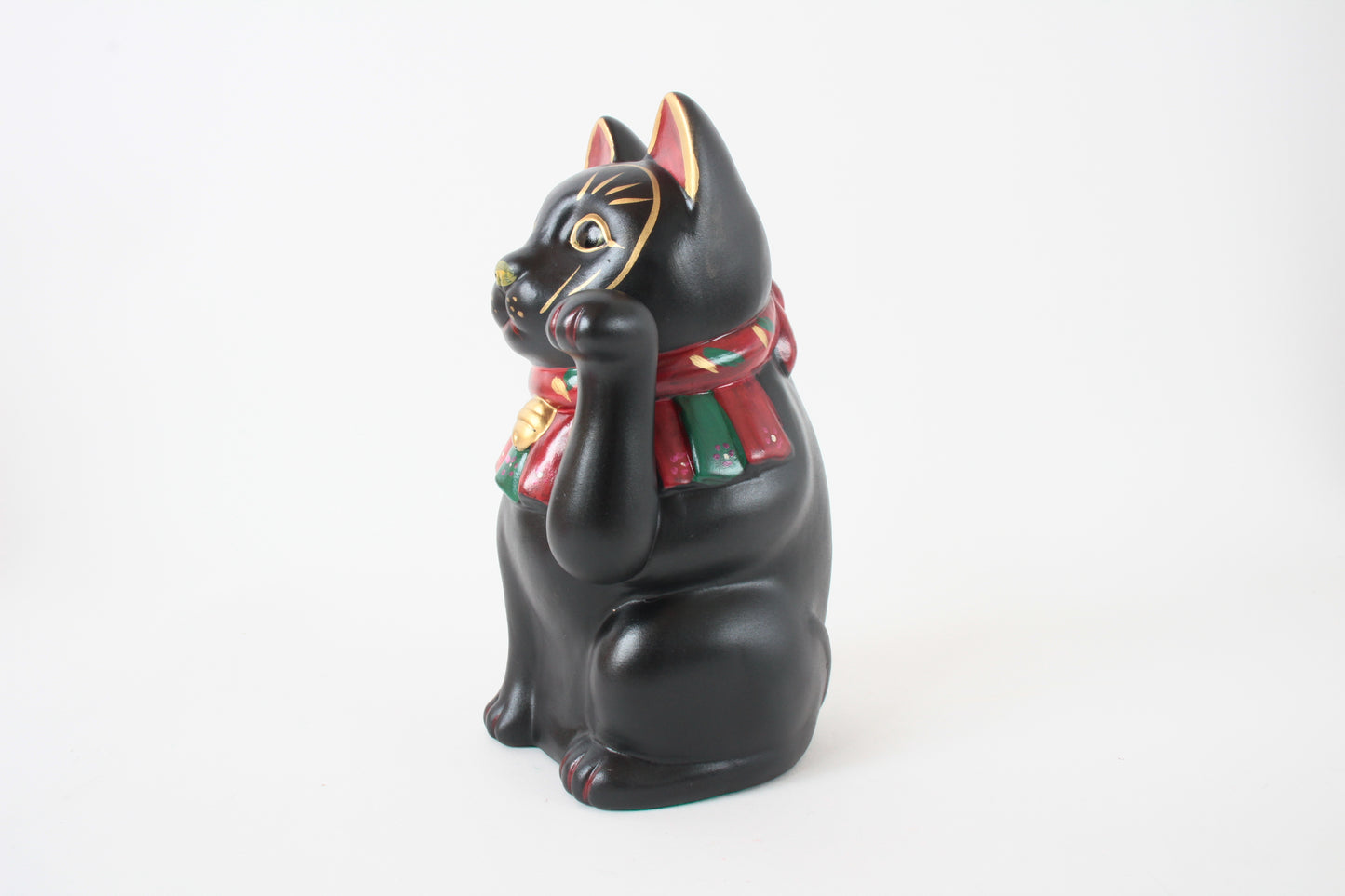 Seto ware Ceramics Manekineko Statue Beckoning Cat Black Cat with left paw raised Ancient Taisho Style 7.7in made in Japan