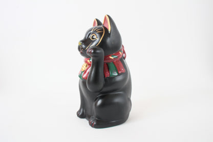 Seto ware Ceramics Manekineko Statue Beckoning Cat Black Cat with left paw raised Ancient Taisho Style 7.7in made in Japan