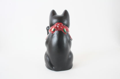 Seto ware Ceramics Manekineko Statue Beckoning Cat Black Cat with left paw raised Ancient Taisho Style 7.7in made in Japan