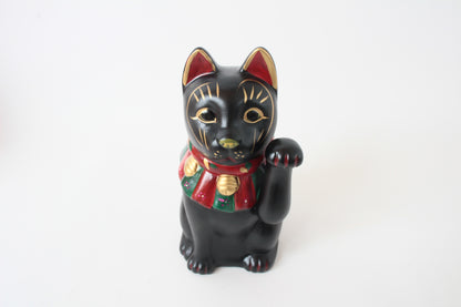 Seto ware Ceramics Manekineko Statue Beckoning Cat Black Cat with left paw raised Ancient Taisho Style 7.7in made in Japan