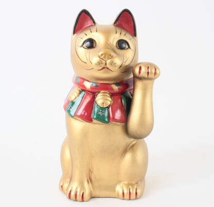 Seto ware Ceramics Manekineko Statue Beckoning Cat Gold with left paw raised Ancient Taisho Style 7.7in made in Japan