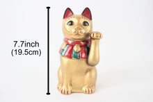 Seto ware Ceramics Manekineko Statue Beckoning Cat Gold with left paw raised Ancient Taisho Style 7.7in made in Japan