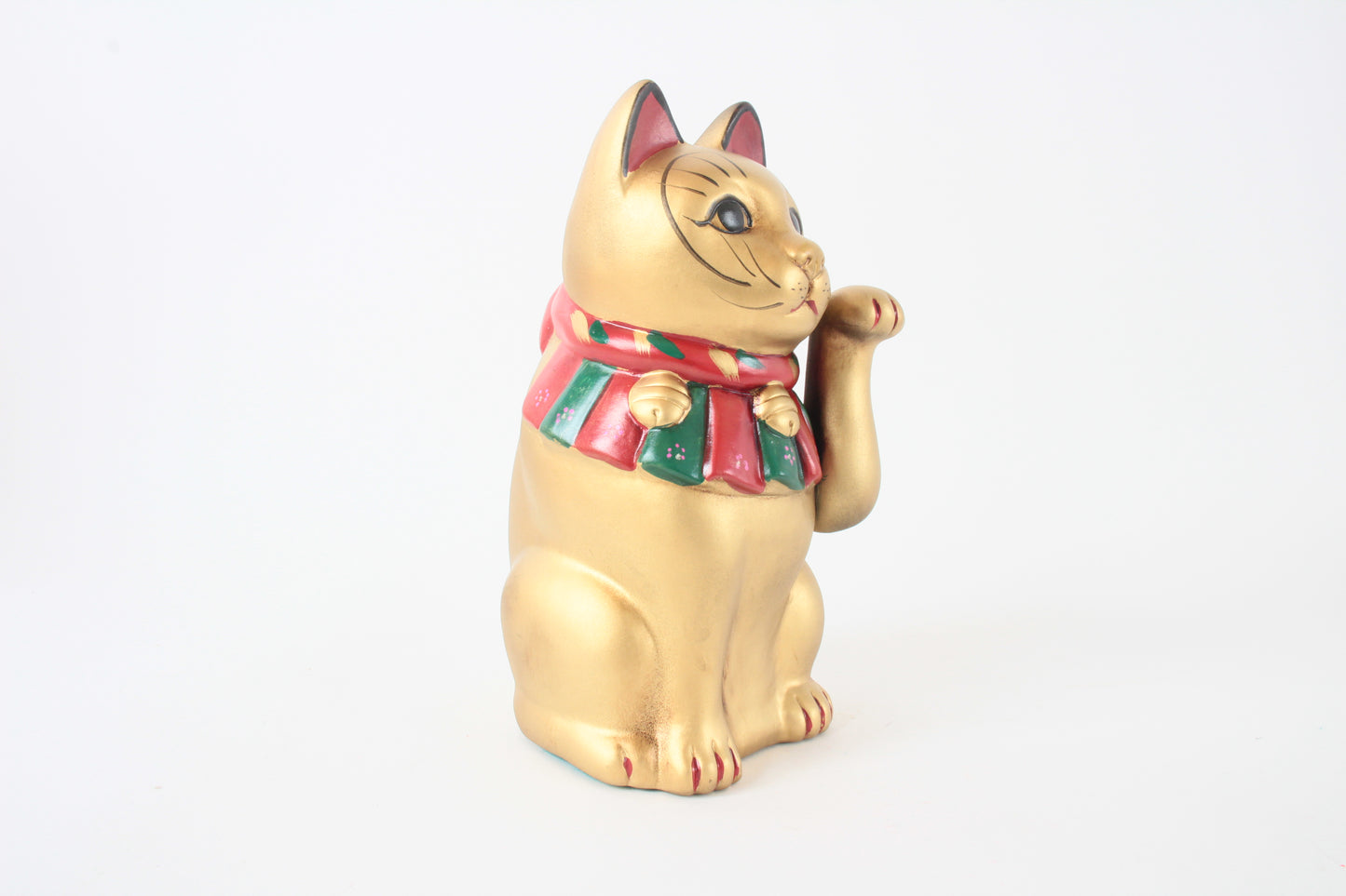 Seto ware Ceramics Manekineko Statue Beckoning Cat Gold with left paw raised Ancient Taisho Style 7.7in made in Japan