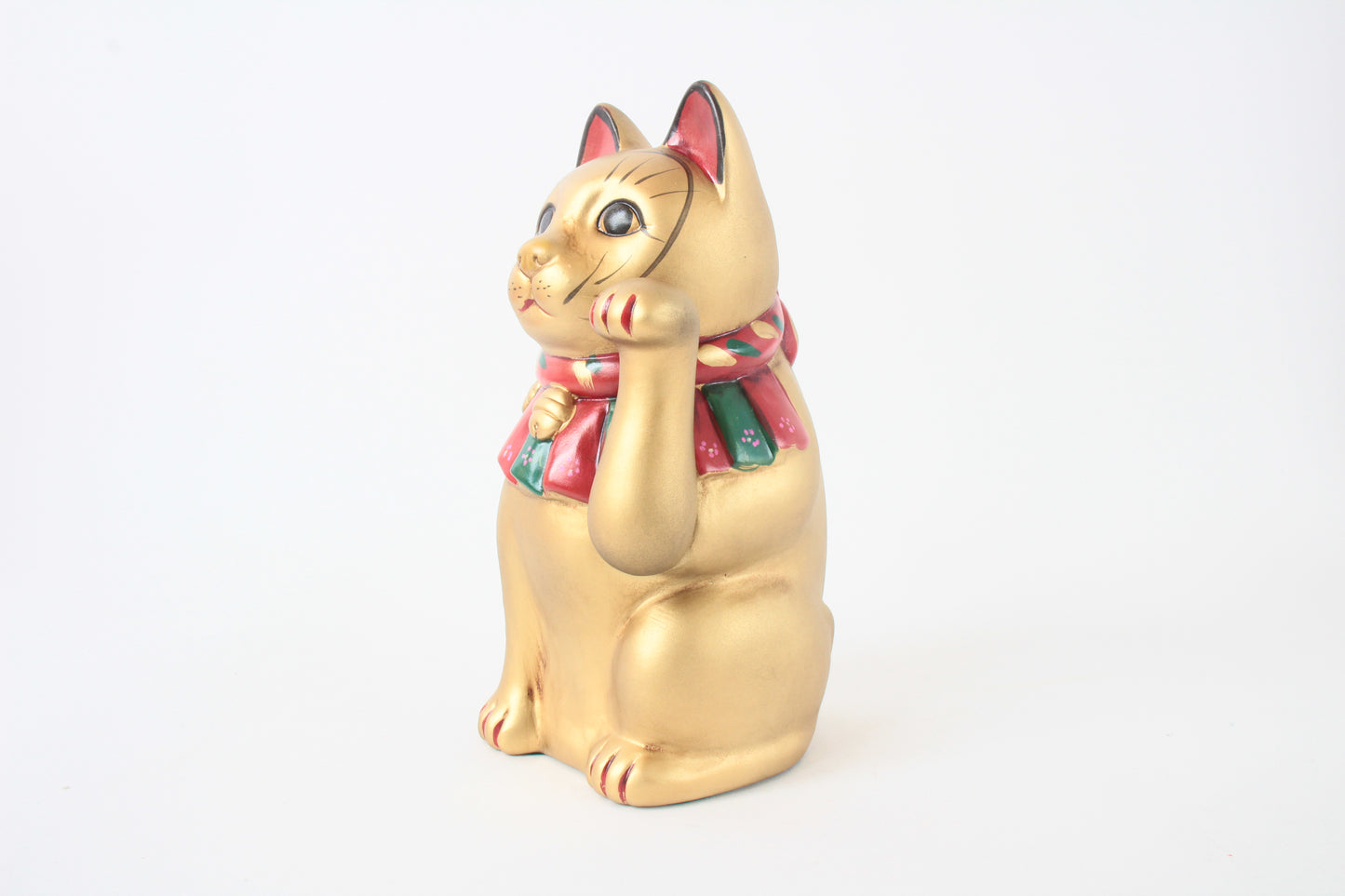 Seto ware Ceramics Manekineko Statue Beckoning Cat Gold with left paw raised Ancient Taisho Style 7.7in made in Japan