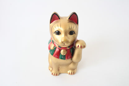 Seto ware Ceramics Manekineko Statue Beckoning Cat Gold with left paw raised Ancient Taisho Style 7.7in made in Japan