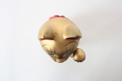 Seto ware Ceramics Manekineko Statue Beckoning Cat Gold with left paw raised Ancient Taisho Style 7.7in made in Japan