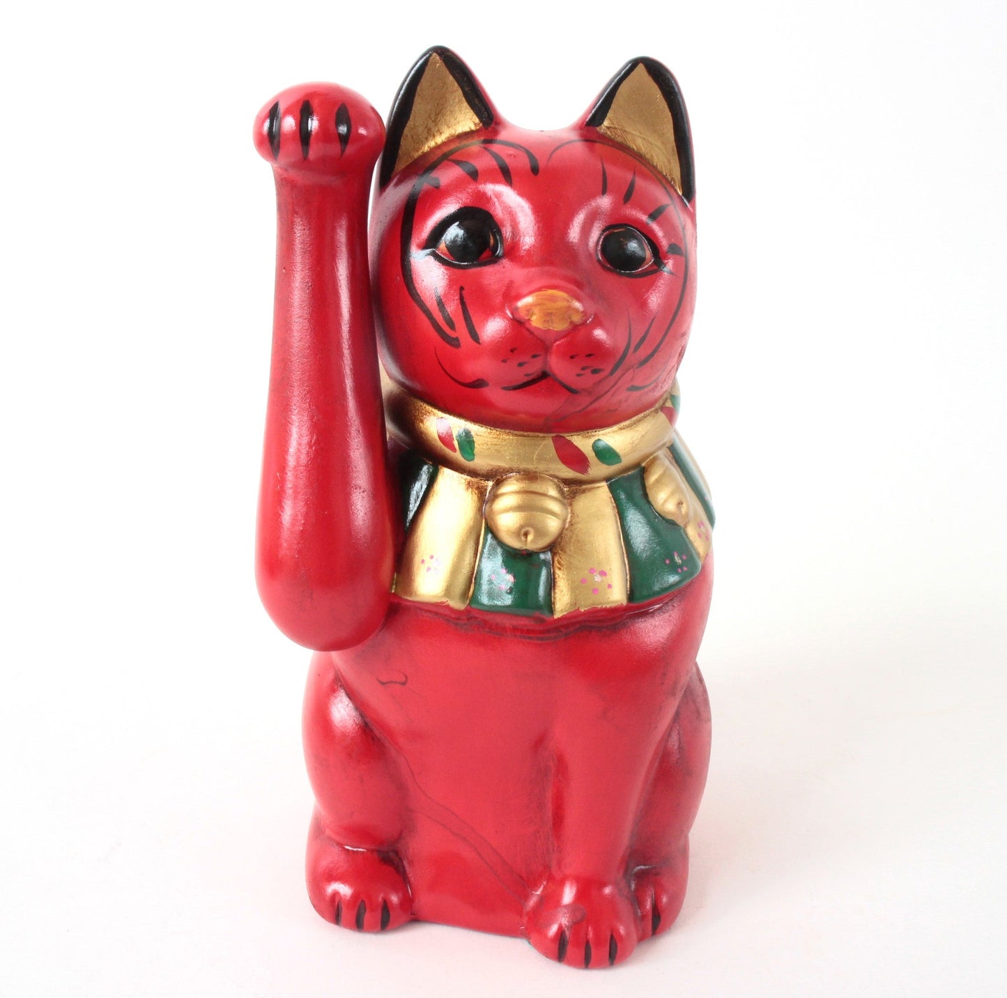 Seto ware Ceramics Manekineko Statue Beckoning Cat Red with right paw raised Ancient Taisho Style 7.7in made in Japan