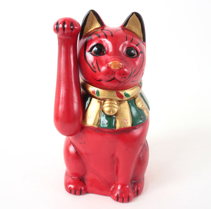 Seto ware Ceramics Manekineko Statue Beckoning Cat Red with right paw raised Ancient Taisho Style 7.7in made in Japan