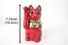 Seto ware Ceramics Manekineko Statue Beckoning Cat Red with right paw raised Ancient Taisho Style 7.7in made in Japan