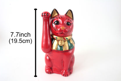 Seto ware Ceramics Manekineko Statue Beckoning Cat Red with right paw raised Ancient Taisho Style 7.7in made in Japan