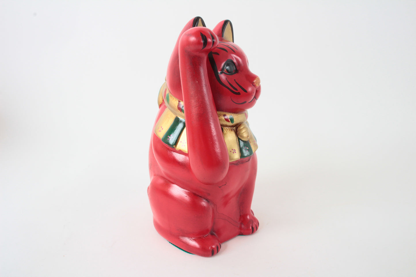 Seto ware Ceramics Manekineko Statue Beckoning Cat Red with right paw raised Ancient Taisho Style 7.7in made in Japan