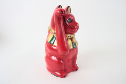 Seto ware Ceramics Manekineko Statue Beckoning Cat Red with right paw raised Ancient Taisho Style 7.7in made in Japan