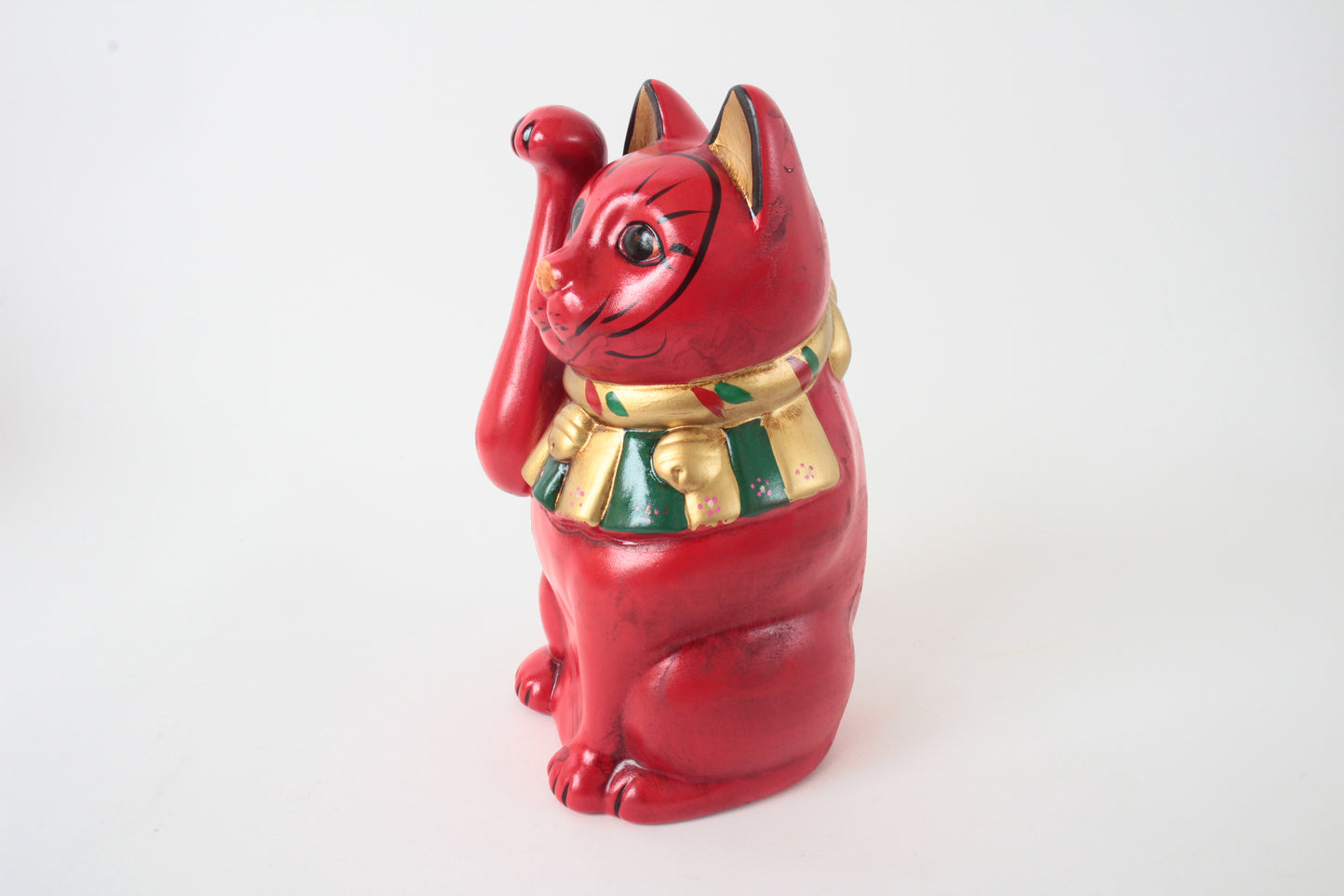 Seto ware Ceramics Manekineko Statue Beckoning Cat Red with right paw raised Ancient Taisho Style 7.7in made in Japan