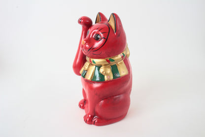 Seto ware Ceramics Manekineko Statue Beckoning Cat Red with right paw raised Ancient Taisho Style 7.7in made in Japan
