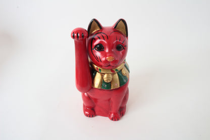 Seto ware Ceramics Manekineko Statue Beckoning Cat Red with right paw raised Ancient Taisho Style 7.7in made in Japan