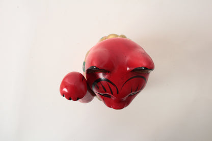 Seto ware Ceramics Manekineko Statue Beckoning Cat Red with right paw raised Ancient Taisho Style 7.7in made in Japan