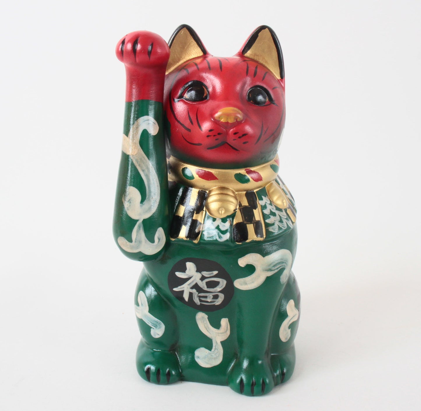 Seto ware Ceramics Manekineko Statue Beckoning Cat Karakusa Green & Red with right paw raised Ancient Taisho Style 7.7in made in Japan