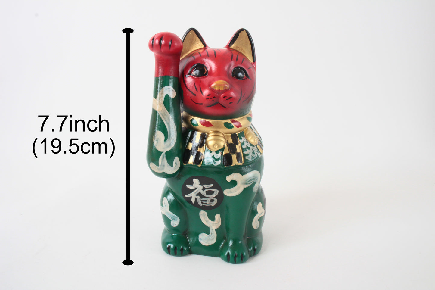 Seto ware Ceramics Manekineko Statue Beckoning Cat Karakusa Green & Red with right paw raised Ancient Taisho Style 7.7in made in Japan