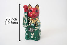 Seto ware Ceramics Manekineko Statue Beckoning Cat Karakusa Green & Red with right paw raised Ancient Taisho Style 7.7in made in Japan
