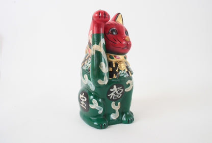 Seto ware Ceramics Manekineko Statue Beckoning Cat Karakusa Green & Red with right paw raised Ancient Taisho Style 7.7in made in Japan