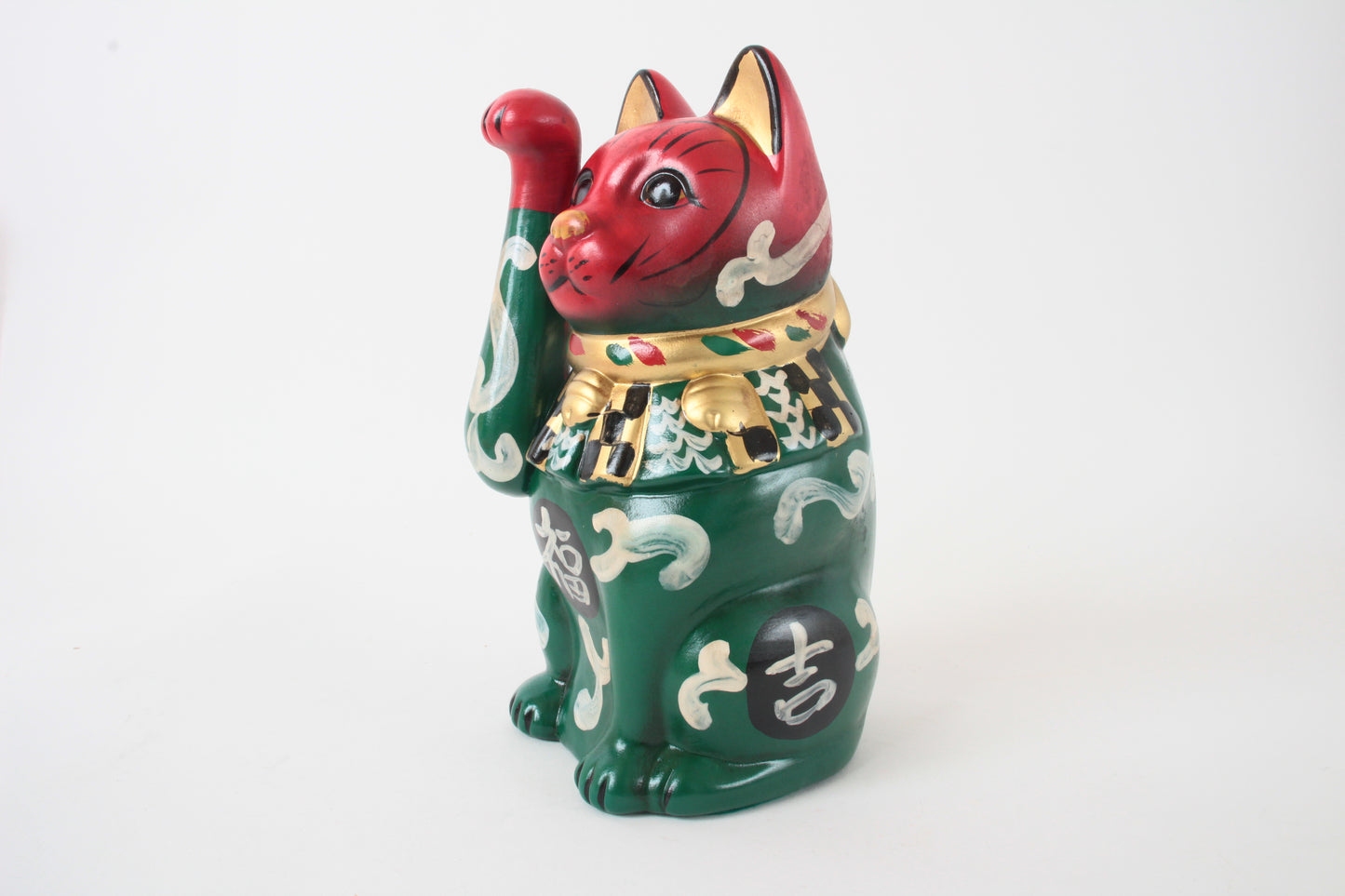 Seto ware Ceramics Manekineko Statue Beckoning Cat Karakusa Green & Red with right paw raised Ancient Taisho Style 7.7in made in Japan