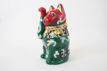 Seto ware Ceramics Manekineko Statue Beckoning Cat Karakusa Green & Red with right paw raised Ancient Taisho Style 7.7in made in Japan