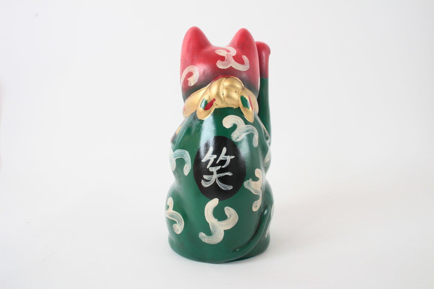 Seto ware Ceramics Manekineko Statue Beckoning Cat Karakusa Green & Red with right paw raised Ancient Taisho Style 7.7in made in Japan