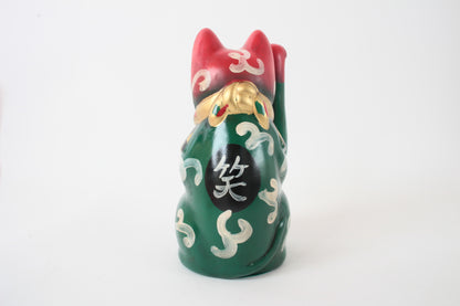 Seto ware Ceramics Manekineko Statue Beckoning Cat Karakusa Green & Red with right paw raised Ancient Taisho Style 7.7in made in Japan