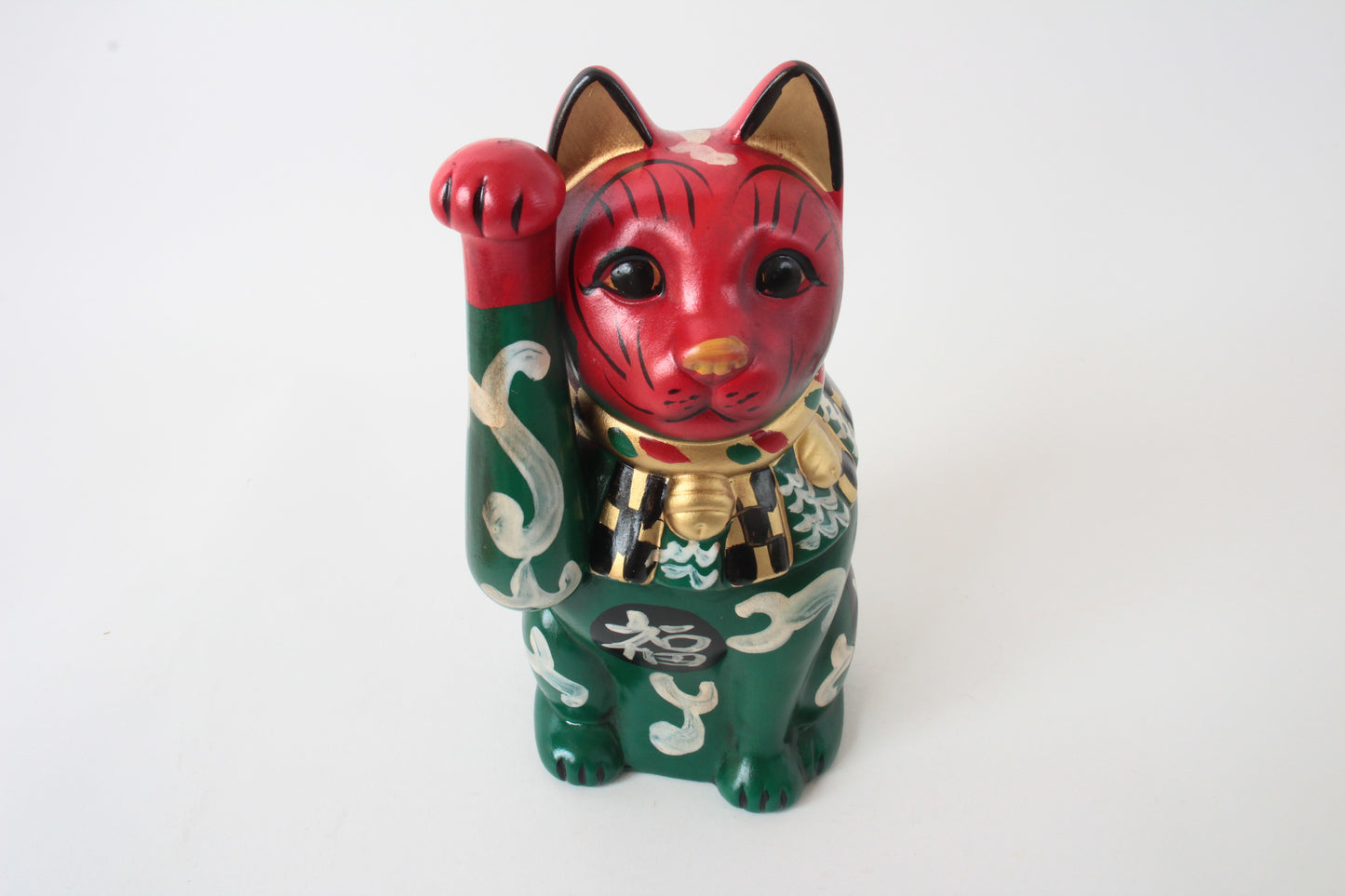 Seto ware Ceramics Manekineko Statue Beckoning Cat Karakusa Green & Red with right paw raised Ancient Taisho Style 7.7in made in Japan
