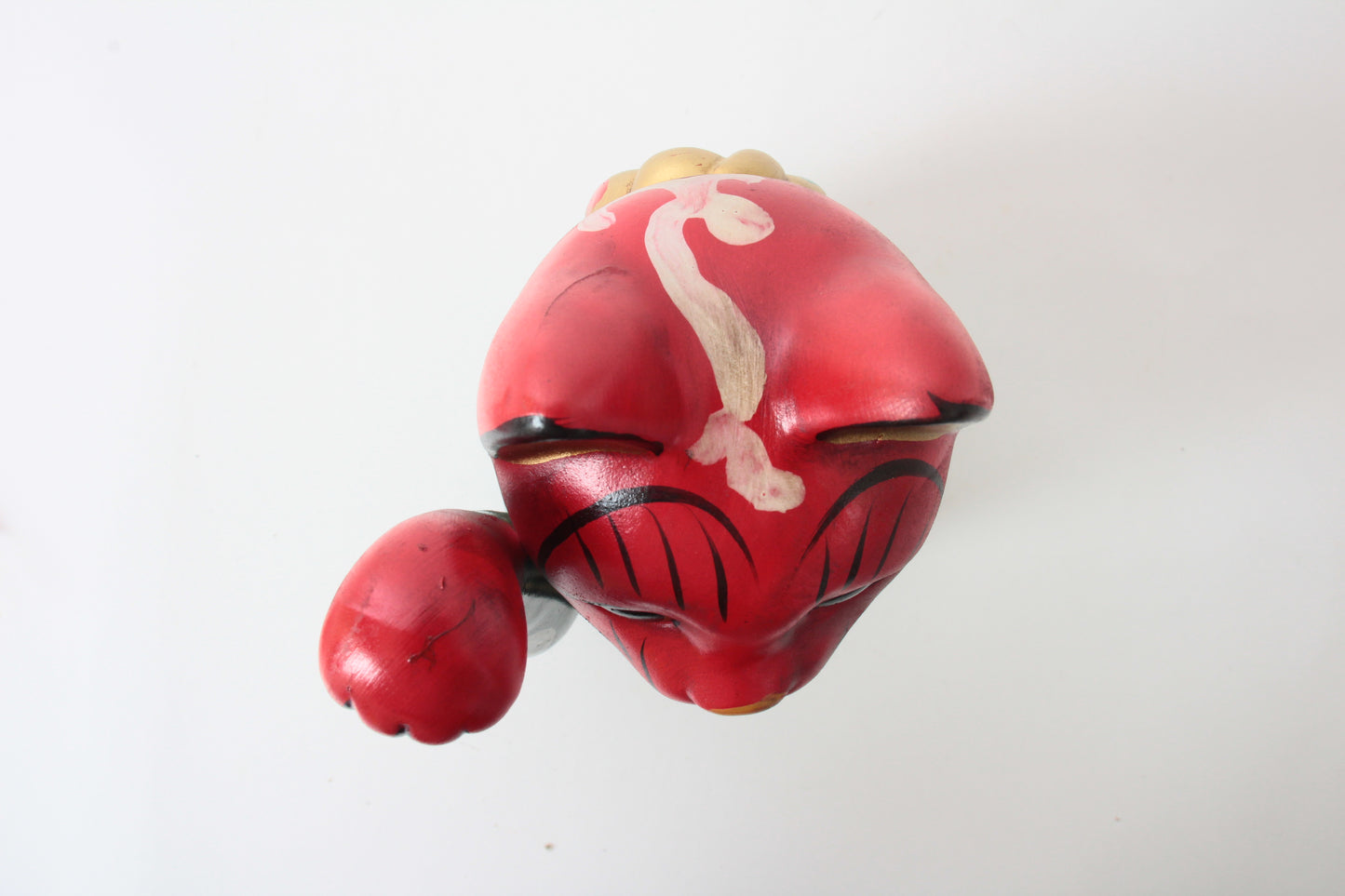 Seto ware Ceramics Manekineko Statue Beckoning Cat Karakusa Green & Red with right paw raised Ancient Taisho Style 7.7in made in Japan