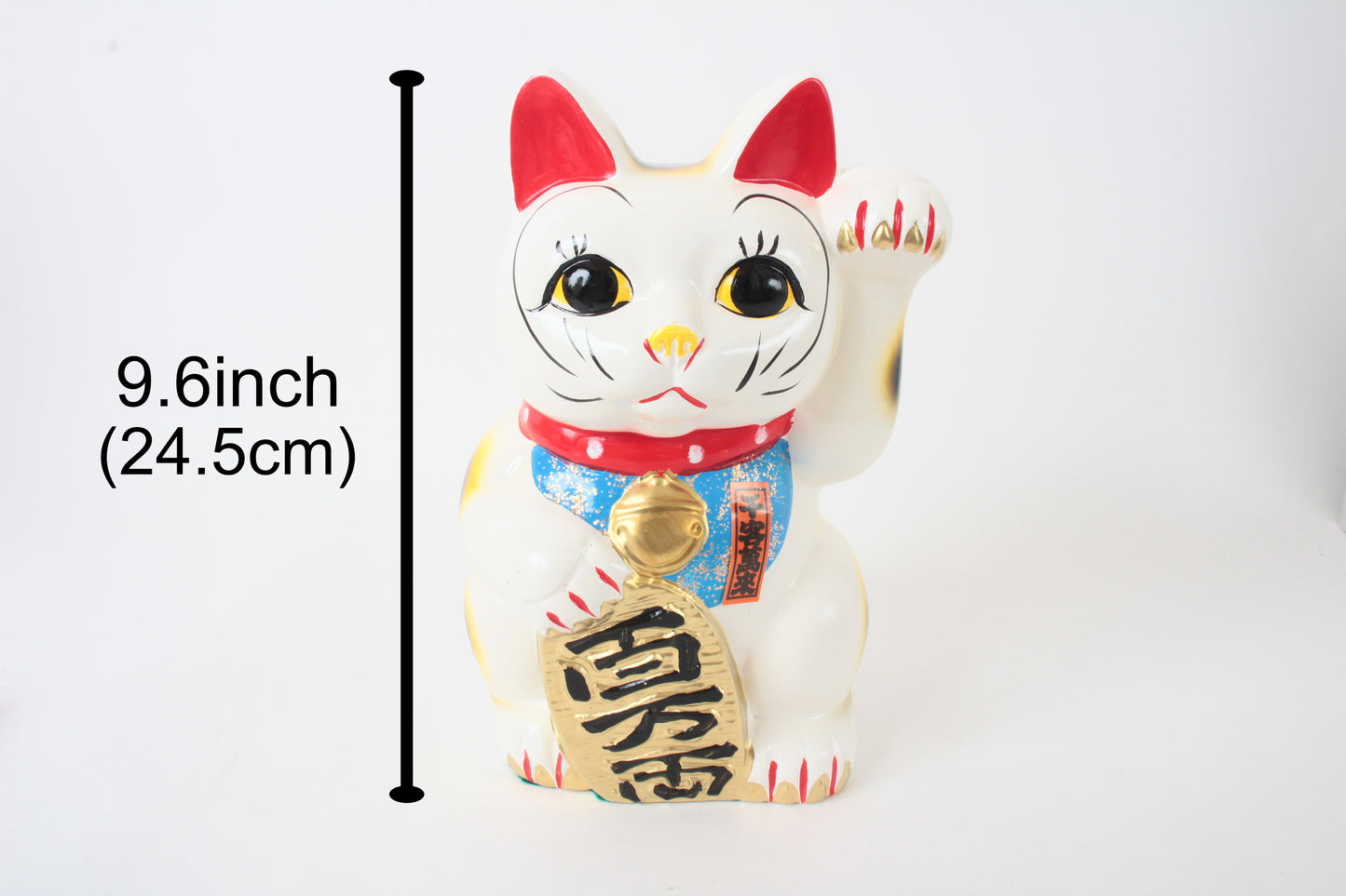 Seto ware Ceramics Manekineko Statue Beckoning Cat White with left paw raised holding Gold Koban Koin 9.6in made in Japan