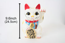 Seto ware Ceramics Manekineko Statue Beckoning Cat White with left paw raised holding Gold Koban Koin 9.6in made in Japan