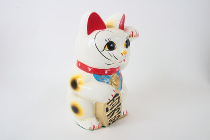Seto ware Ceramics Manekineko Statue Beckoning Cat White with left paw raised holding Gold Koban Koin 9.6in made in Japan