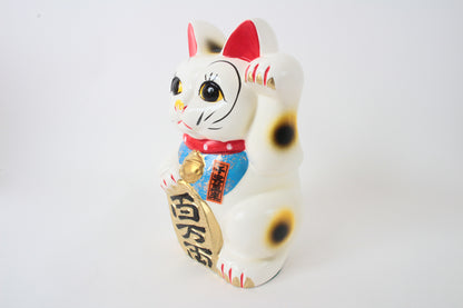 Seto ware Ceramics Manekineko Statue Beckoning Cat White with left paw raised holding Gold Koban Koin 9.6in made in Japan