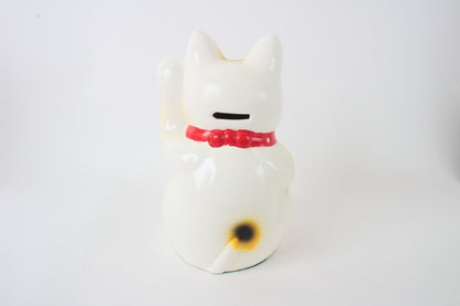 Seto ware Ceramics Manekineko Statue Beckoning Cat White with left paw raised holding Gold Koban Koin 9.6in made in Japan