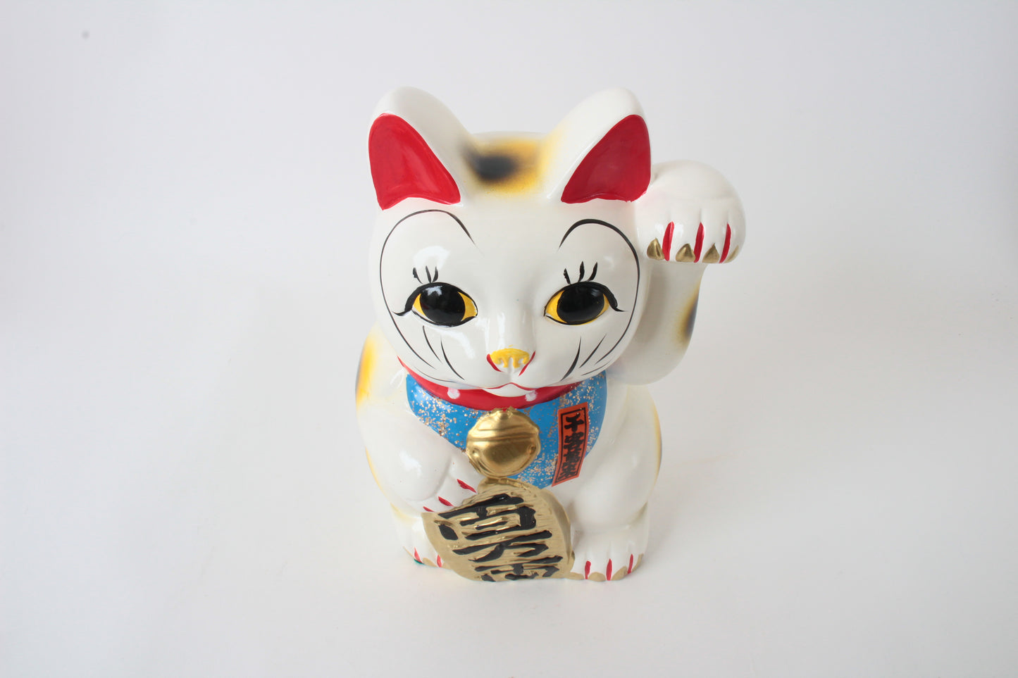 Seto ware Ceramics Manekineko Statue Beckoning Cat White with left paw raised holding Gold Koban Koin 9.6in made in Japan