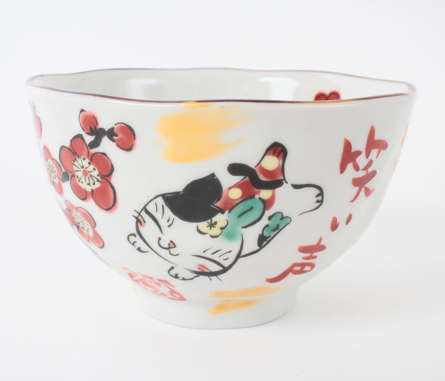 Mino ware Japanese Ceramics Hand-Drawn Rice Bowl Cat and Plum Flowers Red made in Japan