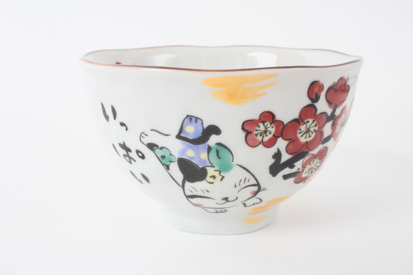 Mino ware Japanese Ceramics Hand-Drawn Rice Bowl Cat and Plum Flowers Red made in Japan