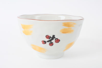 Mino ware Japanese Ceramics Hand-Drawn Rice Bowl Cat and Plum Flowers Red made in Japan