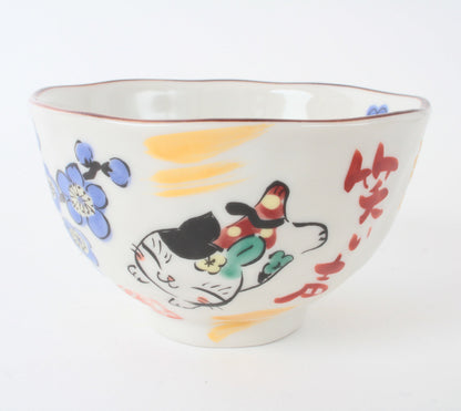 Mino ware Japanese Ceramics Hand-Drawn Rice Bowl Cat and Plum Flowers Blue made in Japan