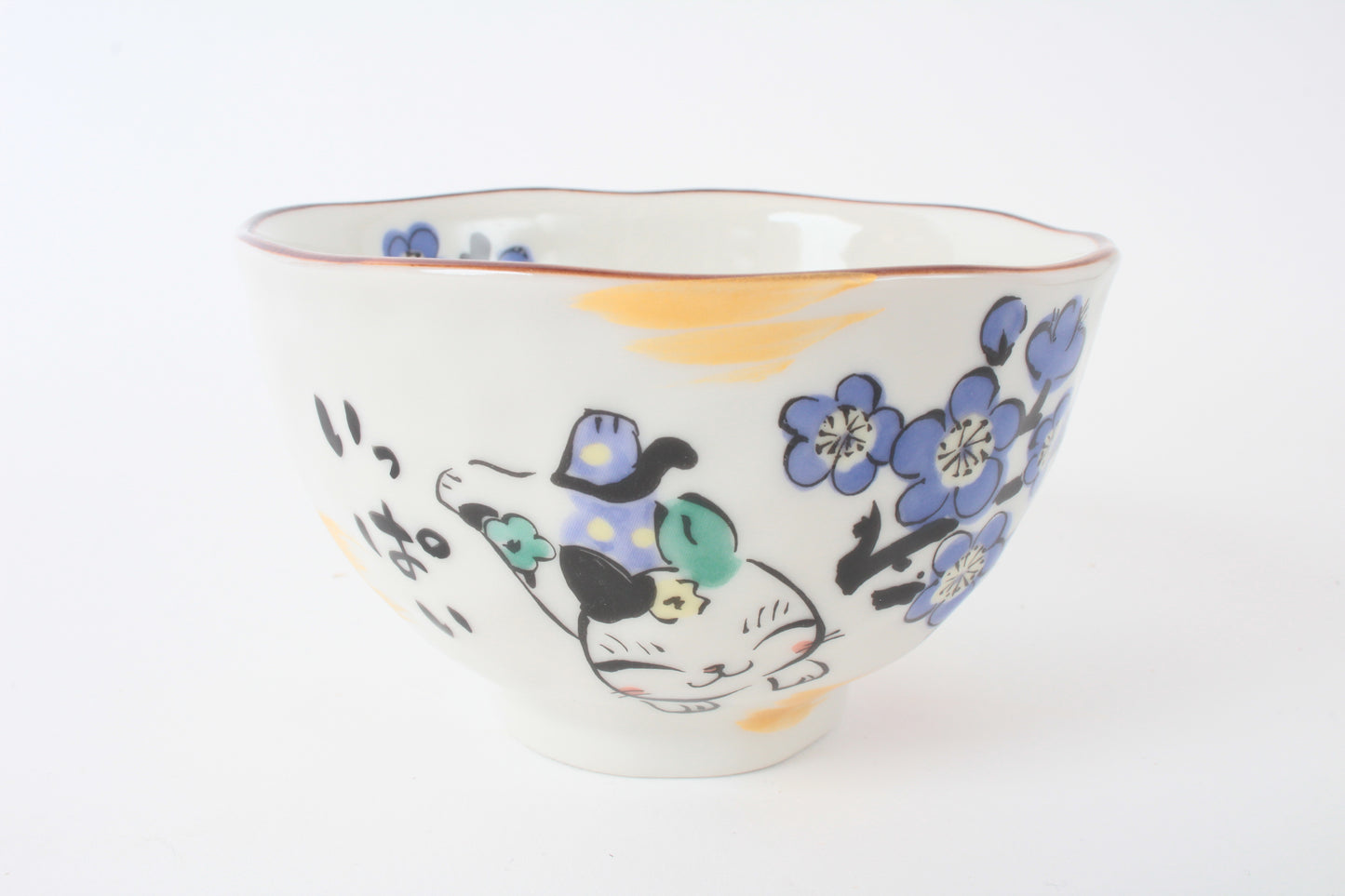 Mino ware Japanese Ceramics Hand-Drawn Rice Bowl Cat and Plum Flowers Blue made in Japan