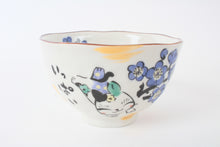 Mino ware Japanese Ceramics Hand-Drawn Rice Bowl Cat and Plum Flowers Blue made in Japan