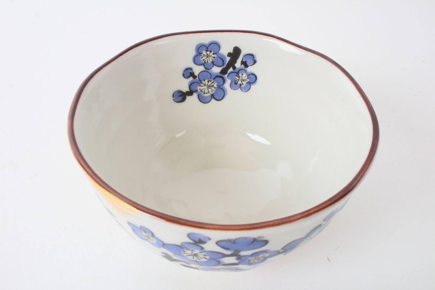 Mino ware Japanese Ceramics Hand-Drawn Rice Bowl Cat and Plum Flowers Blue made in Japan