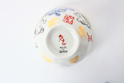 Mino ware Japanese Ceramics Hand-Drawn Rice Bowl Cat and Plum Flowers Blue made in Japan