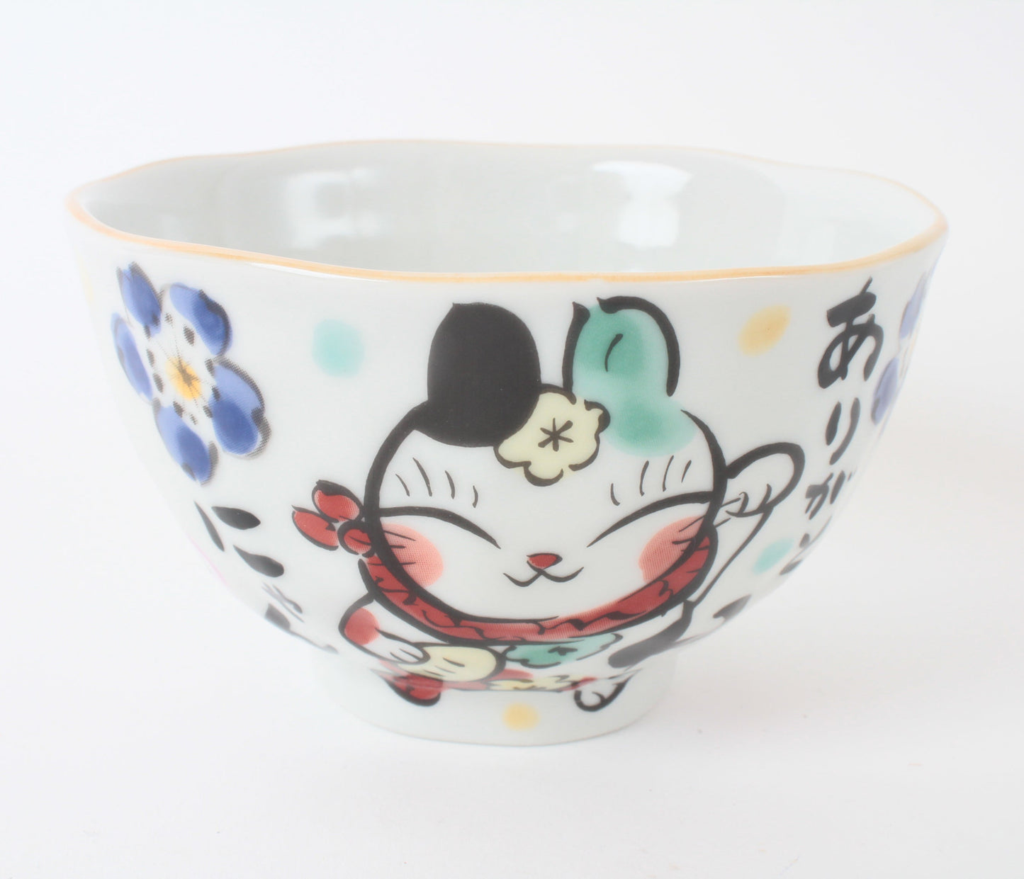 Mino ware Japanese Ceramics Hand-Drawn Rice Bowl Thanks w/ Cat & Flowers made in Japan