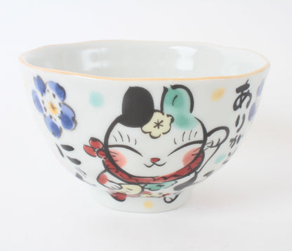 Mino ware Japanese Ceramics Hand-Drawn Rice Bowl Thanks w/ Cat & Flowers made in Japan