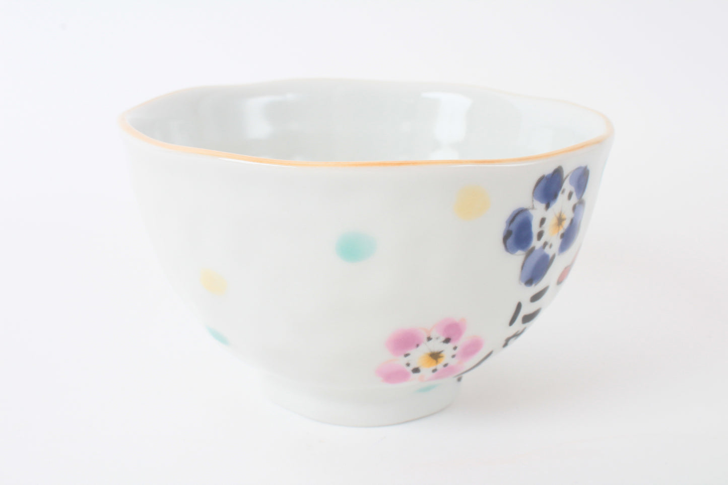 Mino ware Japanese Ceramics Hand-Drawn Rice Bowl Thanks w/ Cat & Flowers made in Japan
