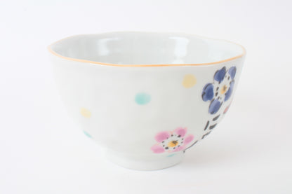 Mino ware Japanese Ceramics Hand-Drawn Rice Bowl Thanks w/ Cat & Flowers made in Japan