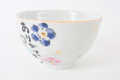 Mino ware Japanese Ceramics Hand-Drawn Rice Bowl Thanks w/ Cat & Flowers made in Japan