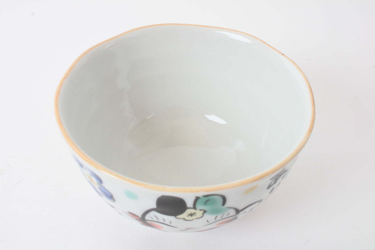 Mino ware Japanese Ceramics Hand-Drawn Rice Bowl Thanks w/ Cat & Flowers made in Japan
